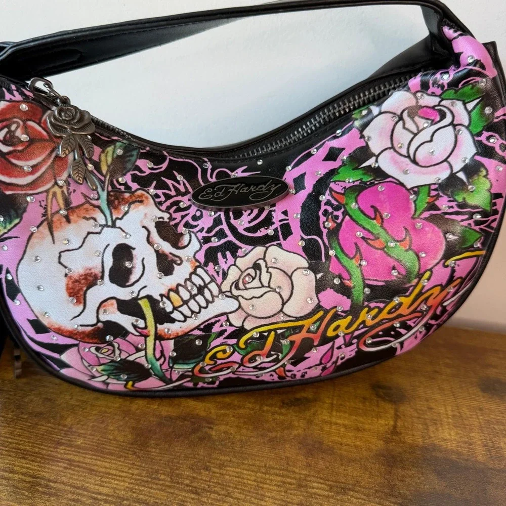 New Ed Hardy Black Pink Hobo Shoulder Handbag Skulls Roses Y2K Heart Retro